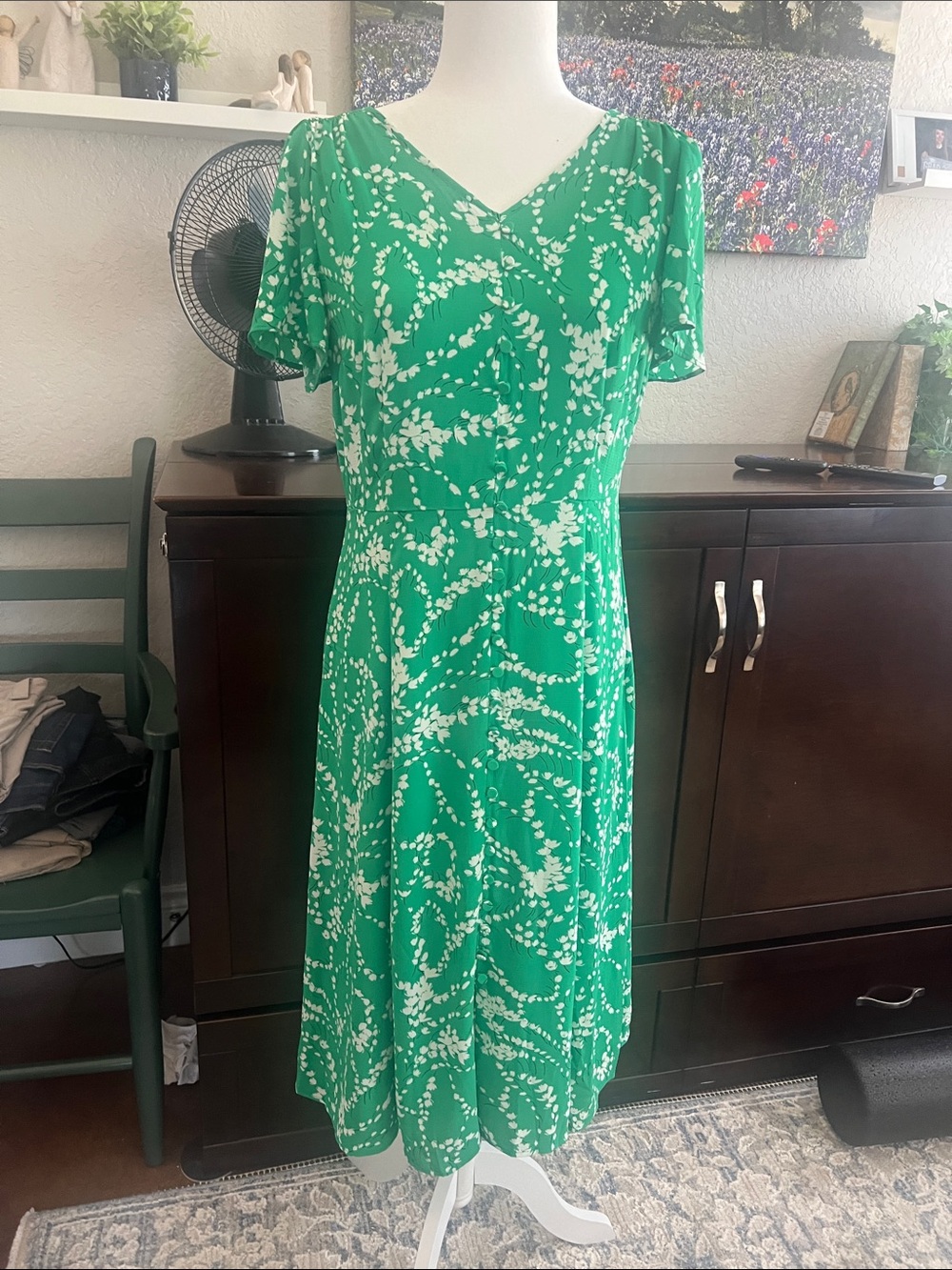 Talbots Green Floral Midi Dress with V-Neck